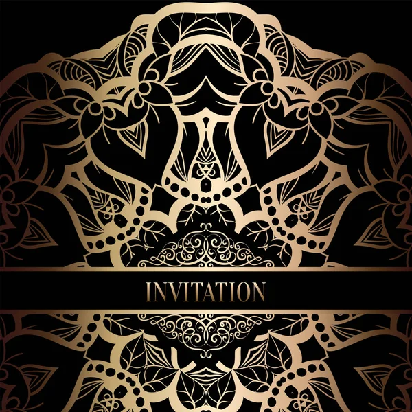 Vintage Barok düğün davetiyesi şablon damasko arka plan ile. Gelenek dekorasyon düğün için. Vektör çizim içinde siyah ve altın