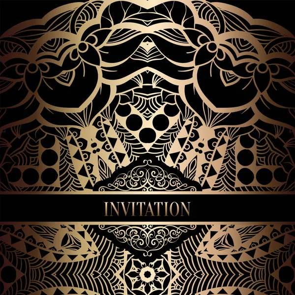 Vintage Barok düğün davetiyesi şablon damasko arka plan ile. Gelenek dekorasyon düğün için. Vektör çizim içinde siyah ve altın