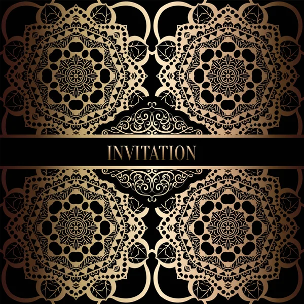 Vintage Barok düğün davetiyesi şablon damasko arka plan ile. Gelenek dekorasyon düğün için. Vektör çizim içinde siyah ve altın