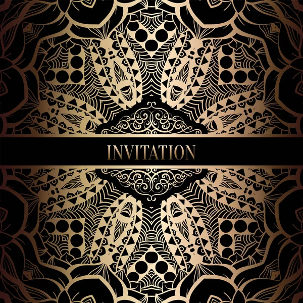 Vintage Barok düğün davetiyesi şablon damasko arka plan ile. Gelenek dekorasyon düğün için. Vektör çizim içinde siyah ve altın