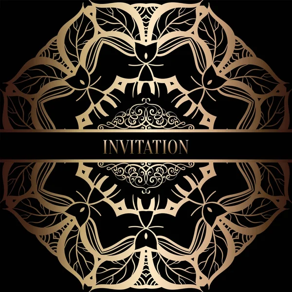 Vintage Barok düğün davetiyesi şablon damasko arka plan ile. Gelenek dekorasyon düğün için. Vektör çizim içinde siyah ve altın
