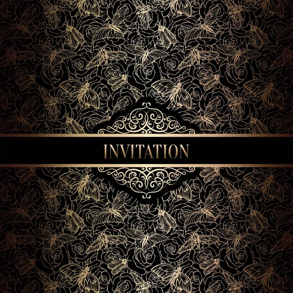 Modèle d'invitation de mariage baroque vintage avec fond damassé. Décoration de tradition pour mariage. Illustration vectorielle en noir et or — Image vectorielle