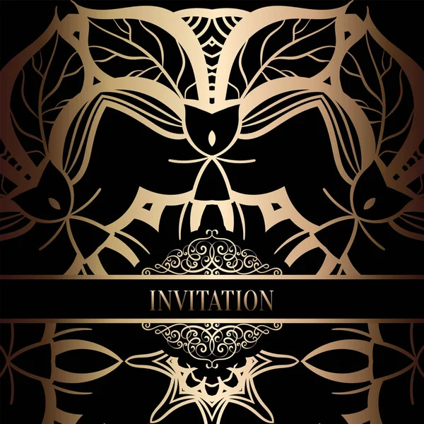 Vintage Barok düğün davetiyesi şablon damasko arka plan ile. Gelenek dekorasyon düğün için. Vektör çizim içinde siyah ve altın