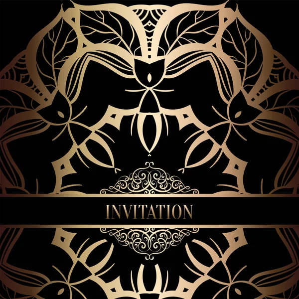 Vintage Barok düğün davetiyesi şablon damasko arka plan ile. Gelenek dekorasyon düğün için. Vektör çizim içinde siyah ve altın
