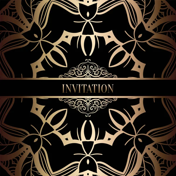 Vintage Barok düğün davetiyesi şablon damasko arka plan ile. Gelenek dekorasyon düğün için. Vektör çizim içinde siyah ve altın