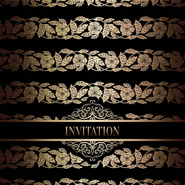 Vintage Barok düğün davetiyesi şablon damasko arka plan ile. Gelenek dekorasyon düğün için. Vektör çizim içinde siyah ve altın