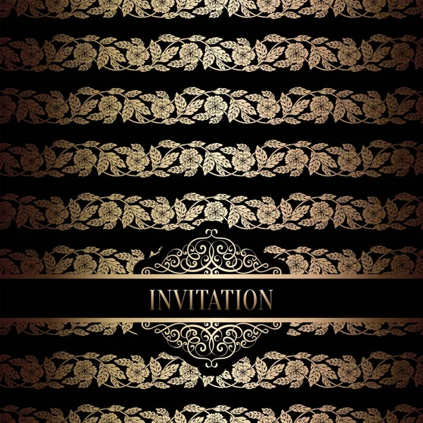 Vintage Barok düğün davetiyesi şablon damasko arka plan ile. Gelenek dekorasyon düğün için. Vektör çizim içinde siyah ve altın