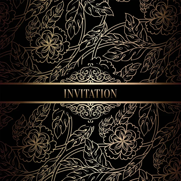 Vintage baroque Wedding Invitation template with damask background. Tradition decoration for wedding. Vector illustration in black and gold — Stock Vector