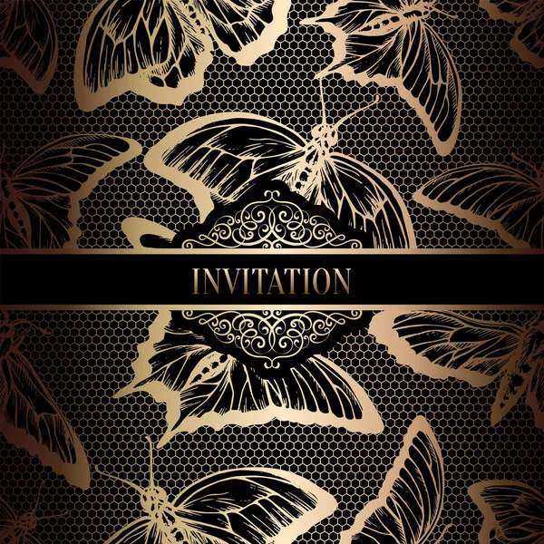 Vintage Barok düğün davetiyesi şablon kelebek arka plan ile. Geleneksel dekorasyon düğün için. Vektör çizim içinde siyah ve altın