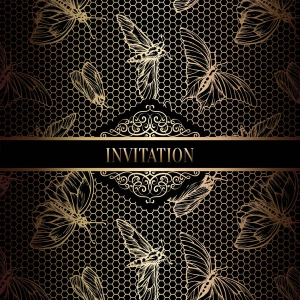 Vintage Barok düğün davetiyesi şablon kelebek arka plan ile. Geleneksel dekorasyon düğün için. Vektör çizim içinde siyah ve altın