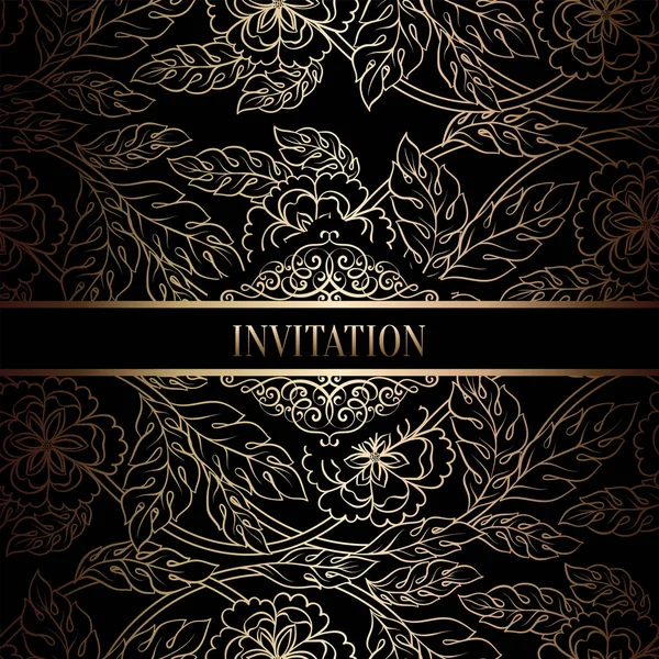 Vintage Barok düğün davetiyesi şablon damasko arka plan ile. Gelenek dekorasyon düğün için. Vektör çizim içinde siyah ve altın