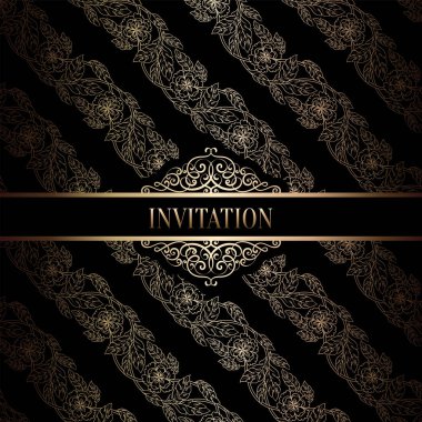 Vintage Barok düğün davetiyesi şablon damasko arka plan ile. Gelenek dekorasyon düğün için. Vektör çizim içinde siyah ve altın