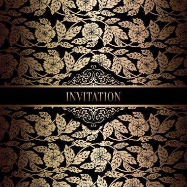 Vintage Barok düğün davetiyesi şablon damasko arka plan ile. Gelenek dekorasyon düğün için. Vektör çizim içinde siyah ve altın