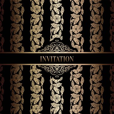 Vintage Barok düğün davetiyesi şablon damasko arka plan ile. Gelenek dekorasyon düğün için. Vektör çizim içinde siyah ve altın