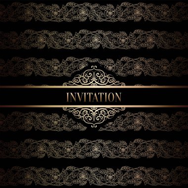 Vintage Barok düğün davetiyesi şablon damasko arka plan ile. Gelenek dekorasyon düğün için. Vektör çizim içinde siyah ve altın
