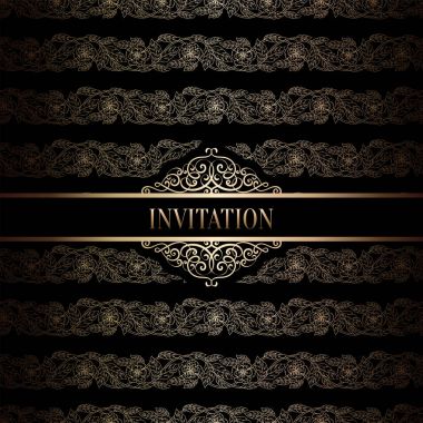 Vintage Barok düğün davetiyesi şablon damasko arka plan ile. Gelenek dekorasyon düğün için. Vektör çizim içinde siyah ve altın