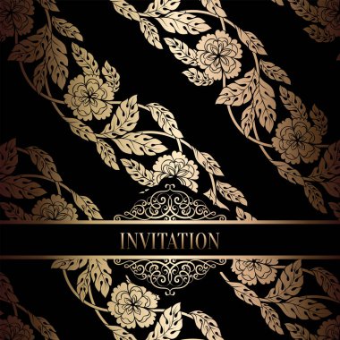 Vintage Barok düğün davetiyesi şablon damasko arka plan ile. Gelenek dekorasyon düğün için. Vektör çizim içinde siyah ve altın