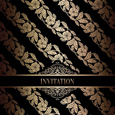 Vintage Barok düğün davetiyesi şablon damasko arka plan ile. Gelenek dekorasyon düğün için. Vektör çizim içinde siyah ve altın