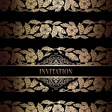 Vintage Barok düğün davetiyesi şablon damasko arka plan ile. Gelenek dekorasyon düğün için. Vektör çizim içinde siyah ve altın