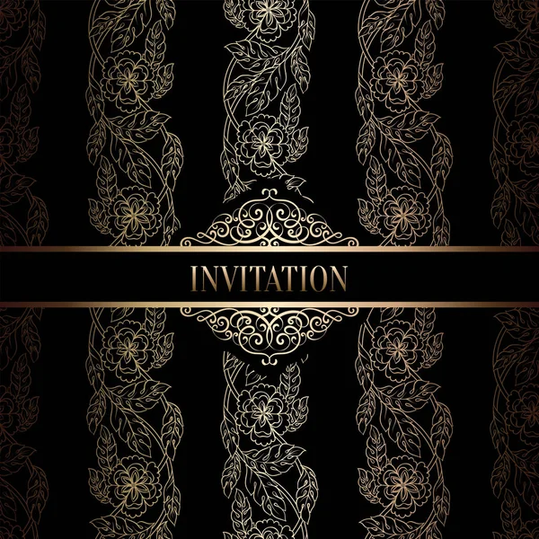 Modèle d'invitation de mariage baroque vintage avec fond damassé. Décoration de tradition pour mariage. Illustration vectorielle en noir et or — Image vectorielle