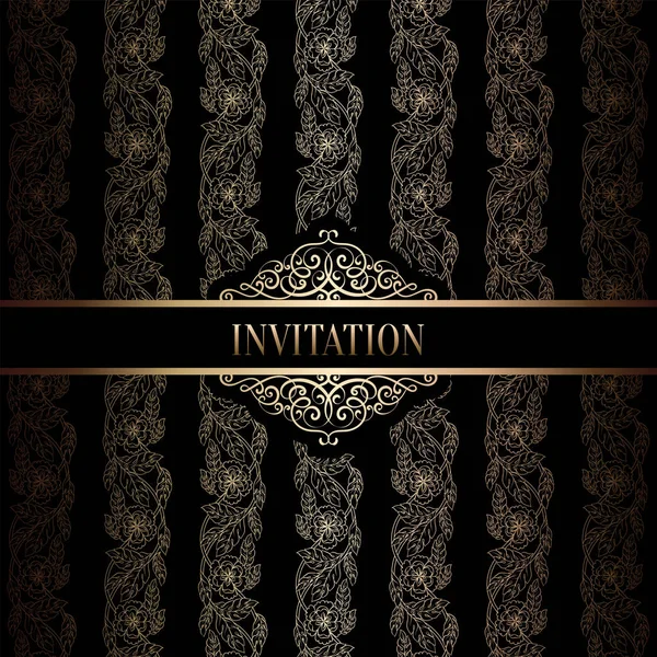 Modèle d'invitation de mariage baroque vintage avec fond damassé. Décoration de tradition pour mariage. Illustration vectorielle en noir et or — Image vectorielle