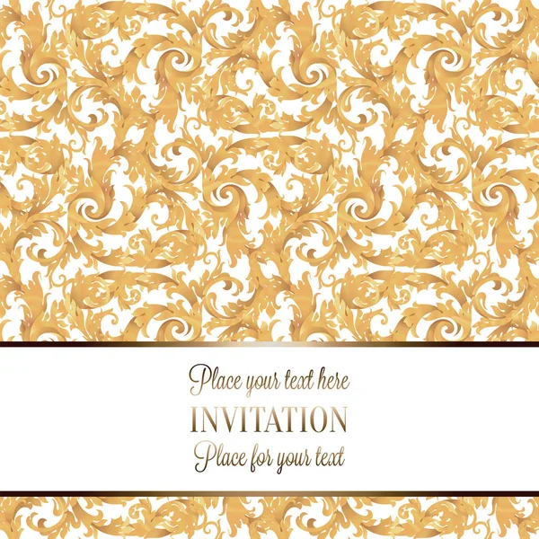 Složité Barokní Luxusní Svatební Pozvánky Bohatá Zlatá Výzdoba Béžové Pozadí — Stockový vektor