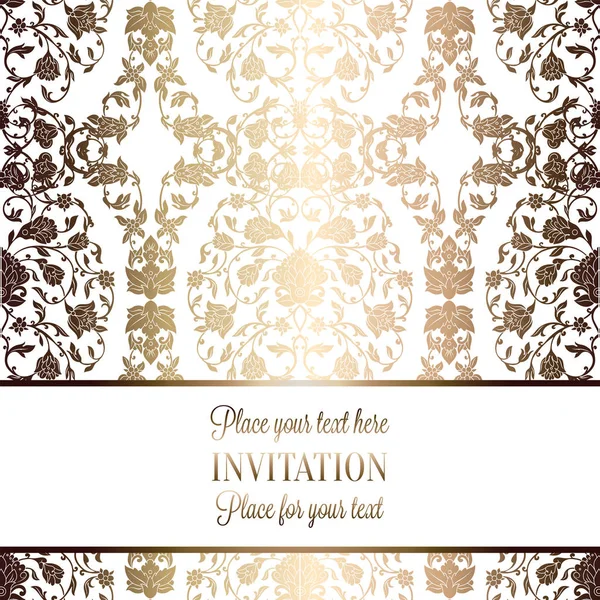 複雑なバロック様式の豪華な結婚式招待状 ベージュの背景にフレーム テキスト 光沢のあるグラデーションにレースの葉の豊富な金装飾 — ストックベクタ