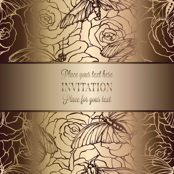 Vintage Barokk Esküvői Meghívó Sablon Pillangó Háttérrel Hagyományos Dekoráció Esküvőre — Stock Vector