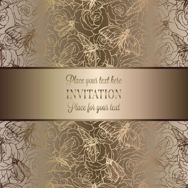 蝶背景を持つヴィンテージ バロック式結婚式招待状テンプレート 結婚式のための伝統的な装飾 ベージュとゴールドのベクトル図 — ストックベクタ