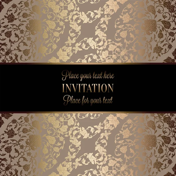 Vintage modello di invito di nozze barocco con sfondo farfalla. Decorazione tradizionale per matrimonio. Illustrazione vettoriale in beige e oro — Vettoriale Stock