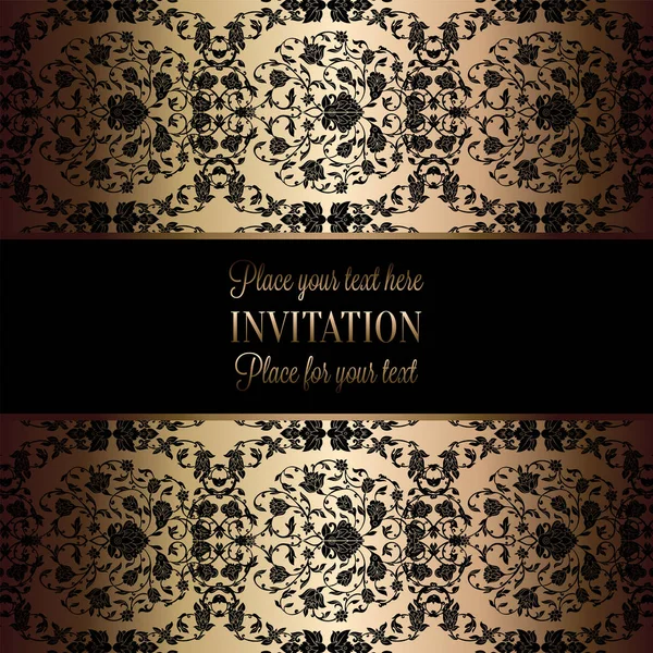 Modèle d'invitation de mariage baroque vintage avec fond papillon. Décoration traditionnelle pour mariage. Illustration vectorielle en noir et or — Image vectorielle