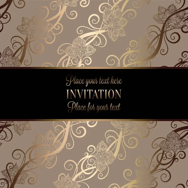 Vintage modello di invito di nozze barocco con sfondo farfalla. Decorazione tradizionale per matrimonio. Illustrazione vettoriale in beige e oro — Vettoriale Stock