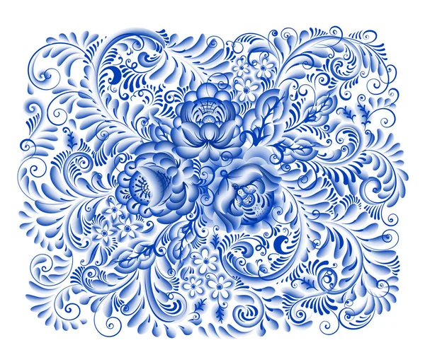 Ruské tradiční ozdoby gželský styl maloval modrou na bílém. Květiny a posouvá, elegantní složité listy. Ručně kreslenou tradiční lidové umění. — Stockový vektor