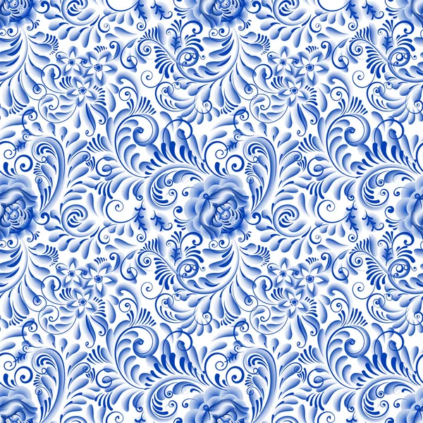Russische sier traditionele schilderkunst kunst stijl gzhel. Blauwe bloemen en rollen, exquise folk etnische naadloze patroon — Stockvector