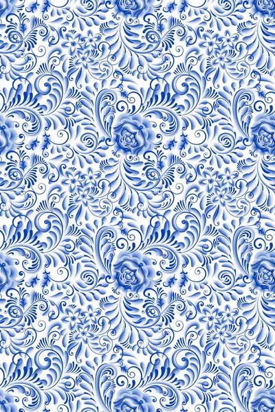 Russo ornamental tradicional pintura arte estilo gzhel. Flores azuis e pergaminhos, padrão sem costura étnica popular requintado — Vetor de Stock