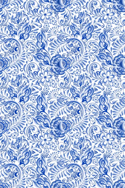 Ρωσική διακοσμητικά παραδοσιακής ζωγραφικής τέχνης gzhel στυλ. Μπλε λουλούδια και ειλητάρια, εξαίσια λαϊκή εθνικ μοτίβο άνευ ραφής — Διανυσματικό Αρχείο