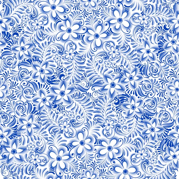 Russische sier traditionele schilderkunst kunst stijl gzhel. Blauwe bloemen en rollen, exquise folk etnische naadloze patroon — Stockvector