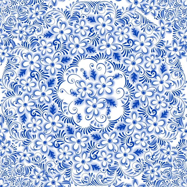Ruské okrasné tradiční malířské umění stylu gželský. Modré květy a svitky, vynikající lidových etnický vzor bezešvé — Stockový vektor