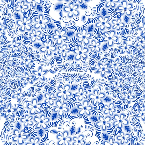 Rosyjski ozdobnych tradycyjne malarstwo sztuka stylu gzhel. Niebieskie kwiaty i zwoje, wykwintne ludowy wzór bezszwowe etniczne — Wektor stockowy