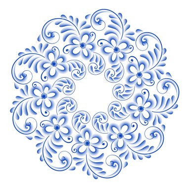 Zarif dekoratif porselen tabak geleneksel Rus tarzında Gzhel süslü. İzole mavi yuvarlak çiçek desenli.