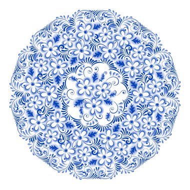 Zarif dekoratif porselen tabak geleneksel Rus tarzında Gzhel süslü. İzole mavi yuvarlak çiçek desenli.