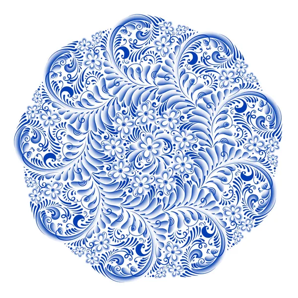 Dekorativní nádherný porcelánový talíř ozdobený v tradičním ruském stylu gželský. Izolované modrý kulatý květinový vzor. — Stockový vektor