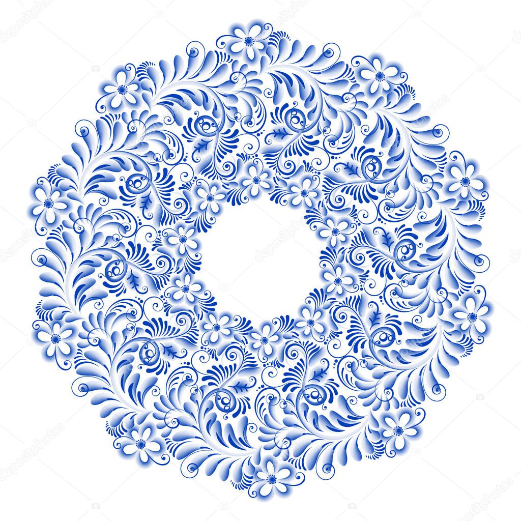 Decorative exquisite porcelain plate ornate in traditional Russian style Gzhel. Isolated blue round floral pattern.