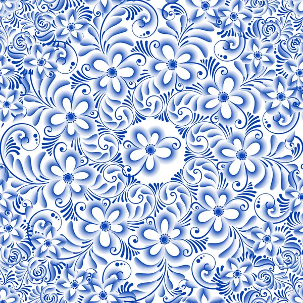 Russische sier traditionele schilderkunst kunst stijl gzhel. Blauwe bloemen en rollen, exquise folk etnische naadloze patroon — Stockvector