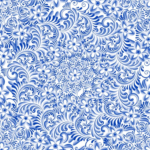 Russische sier traditionele schilderkunst kunst stijl gzhel. Blauwe bloemen en rollen, exquise folk etnische naadloze patroon — Stockvector