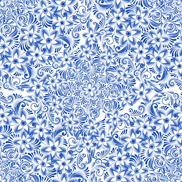 Russo ornamentale pittura tradizionale stile arte gzhel. Fiori blu e pergamene, squisito modello etnico senza cuciture popolare — Vettoriale Stock