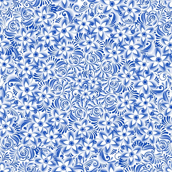 Ruso ornamental tradicional pintura estilo arte gzhel. Flores y pergaminos azules, exquisito patrón étnico popular sin costuras — Vector de stock