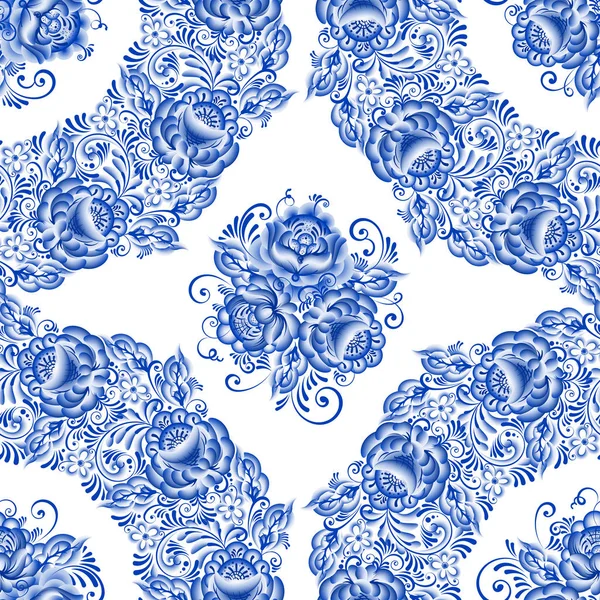 Russo ornamental tradicional pintura arte estilo gzhel. Flores azuis e pergaminhos, padrão sem costura étnica popular requintado —  Vetores de Stock