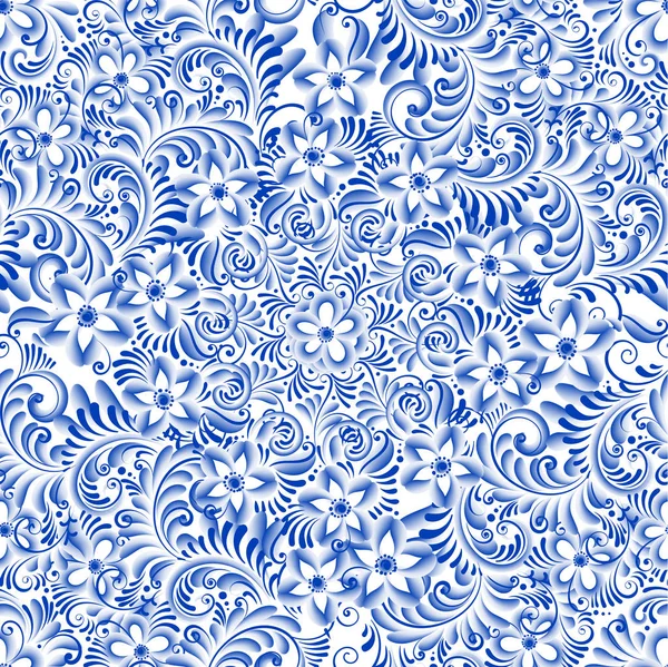 Russische sier traditionele schilderkunst kunst stijl gzhel. Blauwe bloemen en rollen, exquise folk etnische naadloze patroon — Stockvector