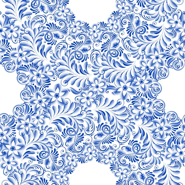 Russische sier traditionele schilderkunst kunst stijl gzhel. Blauwe bloemen en rollen, exquise folk etnische naadloze patroon — Stockvector